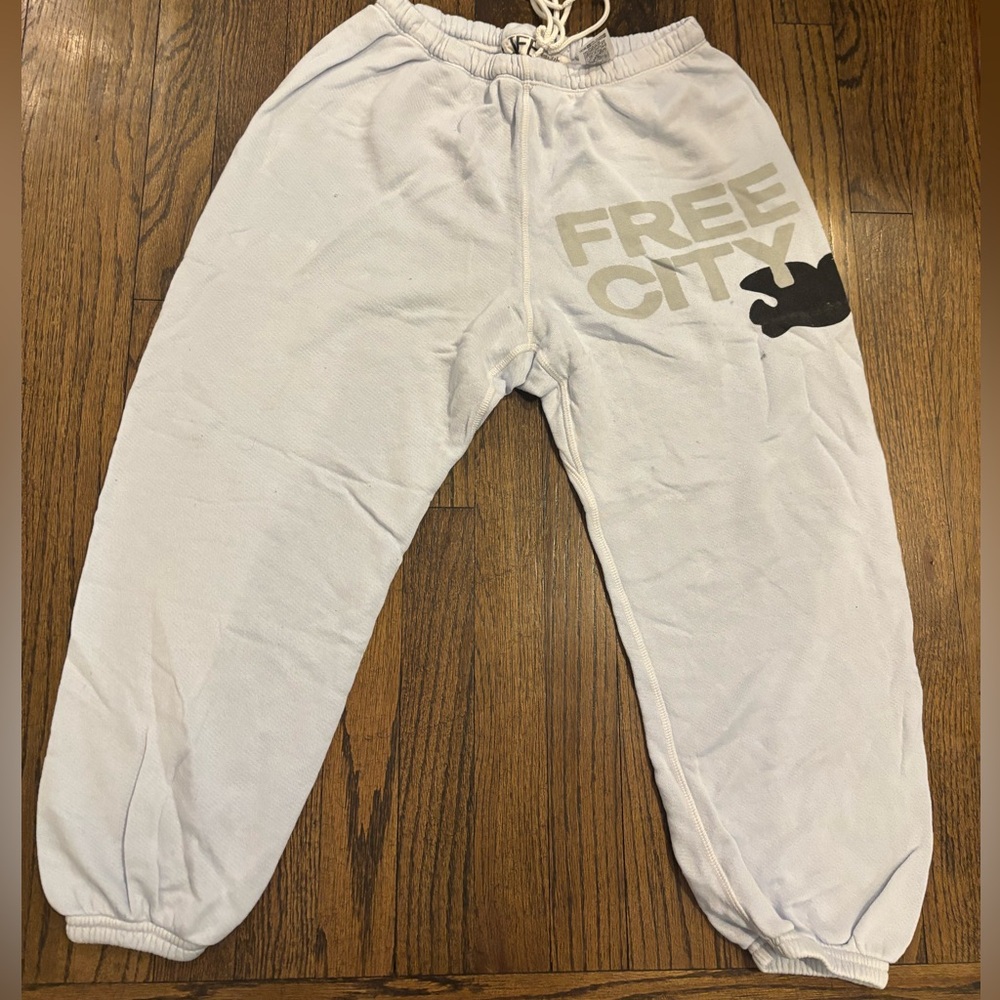 Freecity baby light blue  women’s M sweatpants with gray wording and black dove